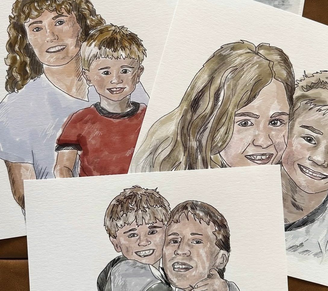 Illustrated family portraits in ink and soft watercolor tones