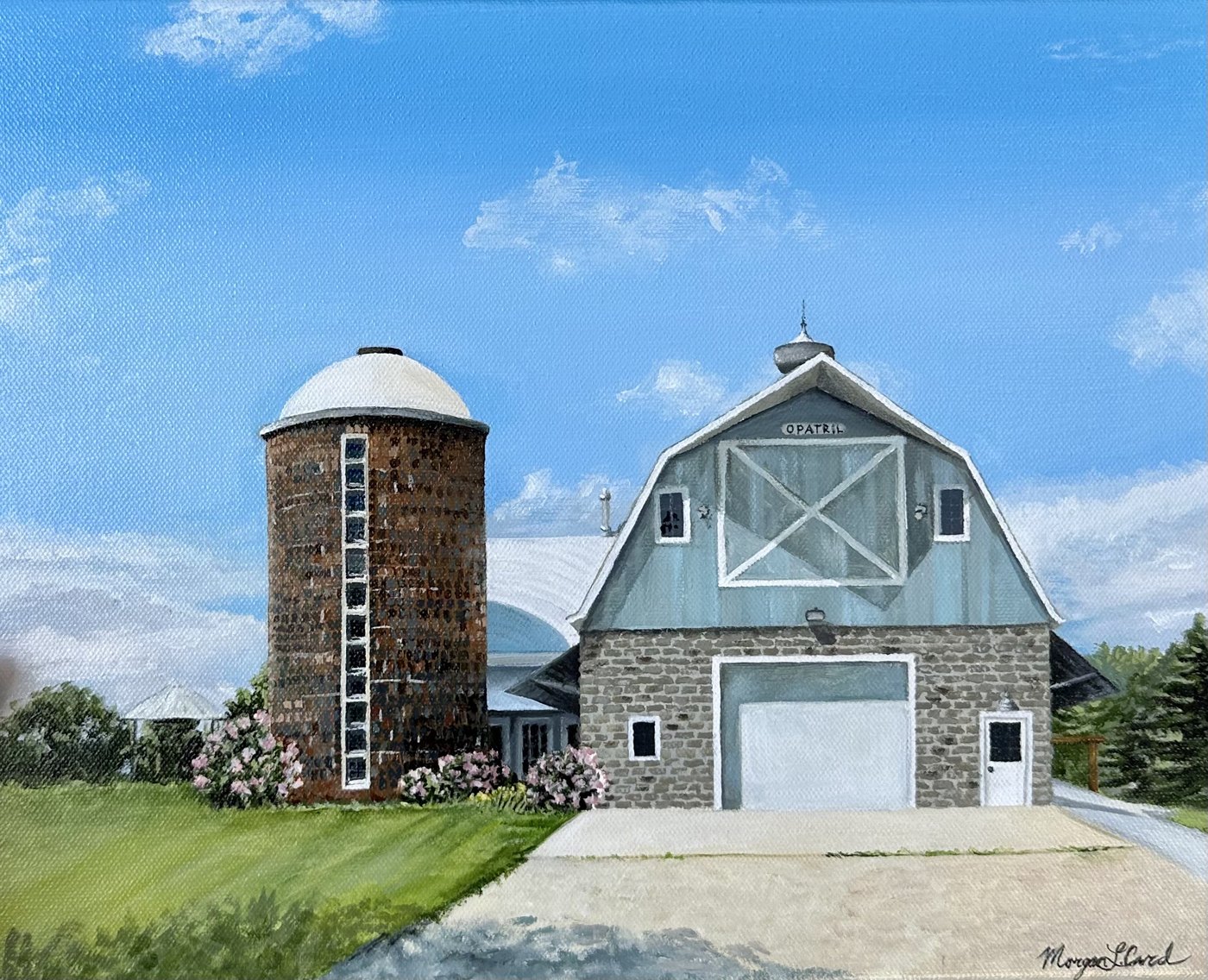Painting of a stone barn and silo on a family farmstead