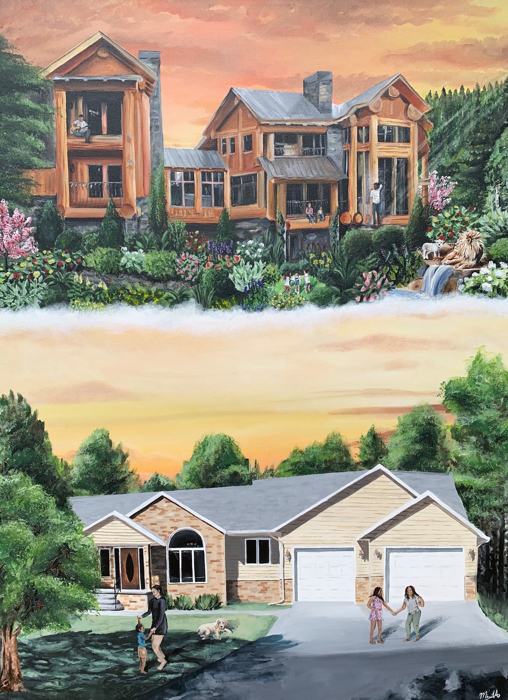 Custom home portrait painting, current house and dream log cabin