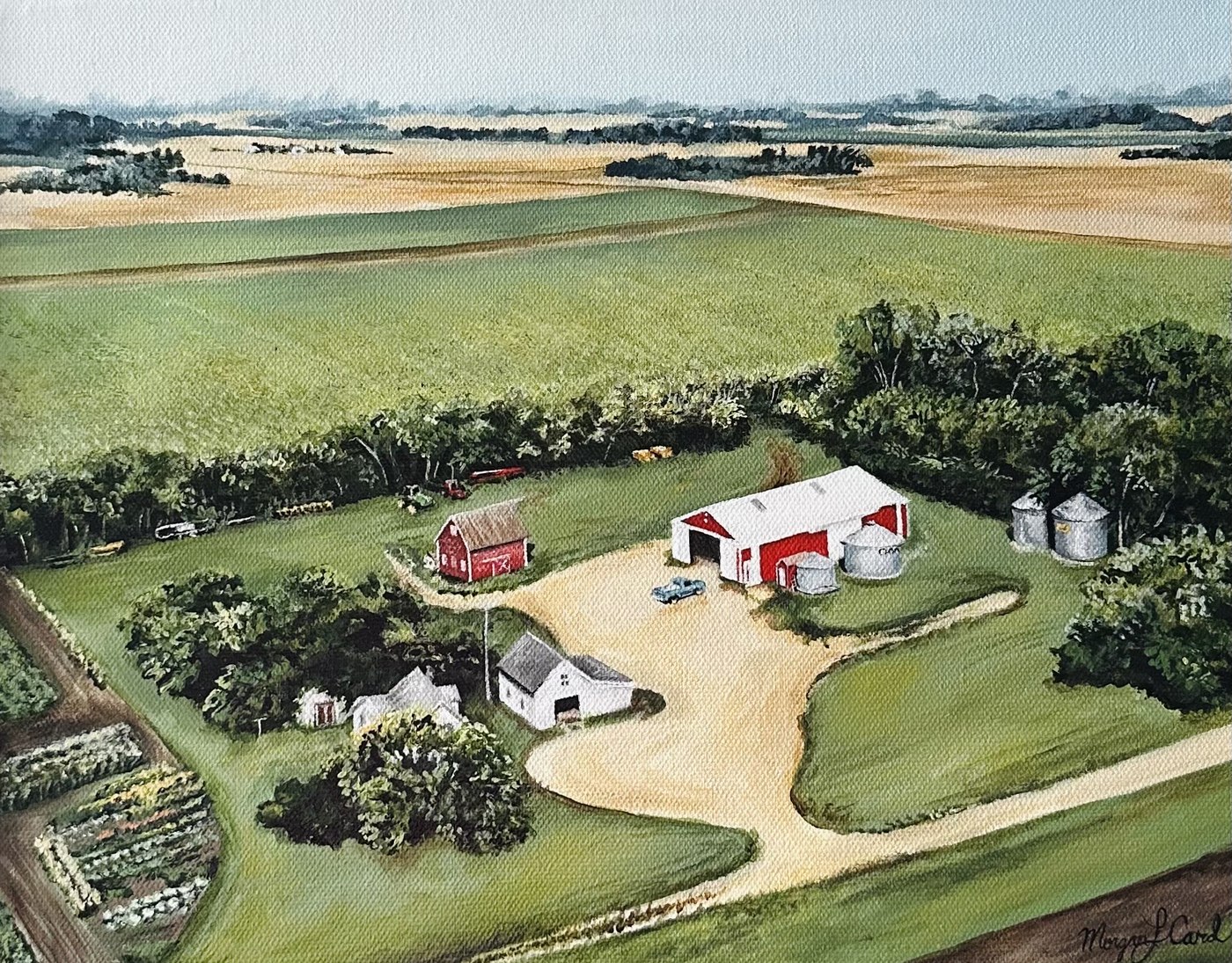 Aerial view painting of a family farmstead