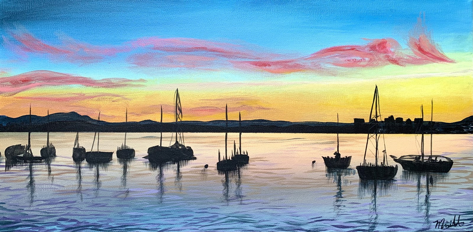 Sailboats at sunset painting, Floating at Sunset