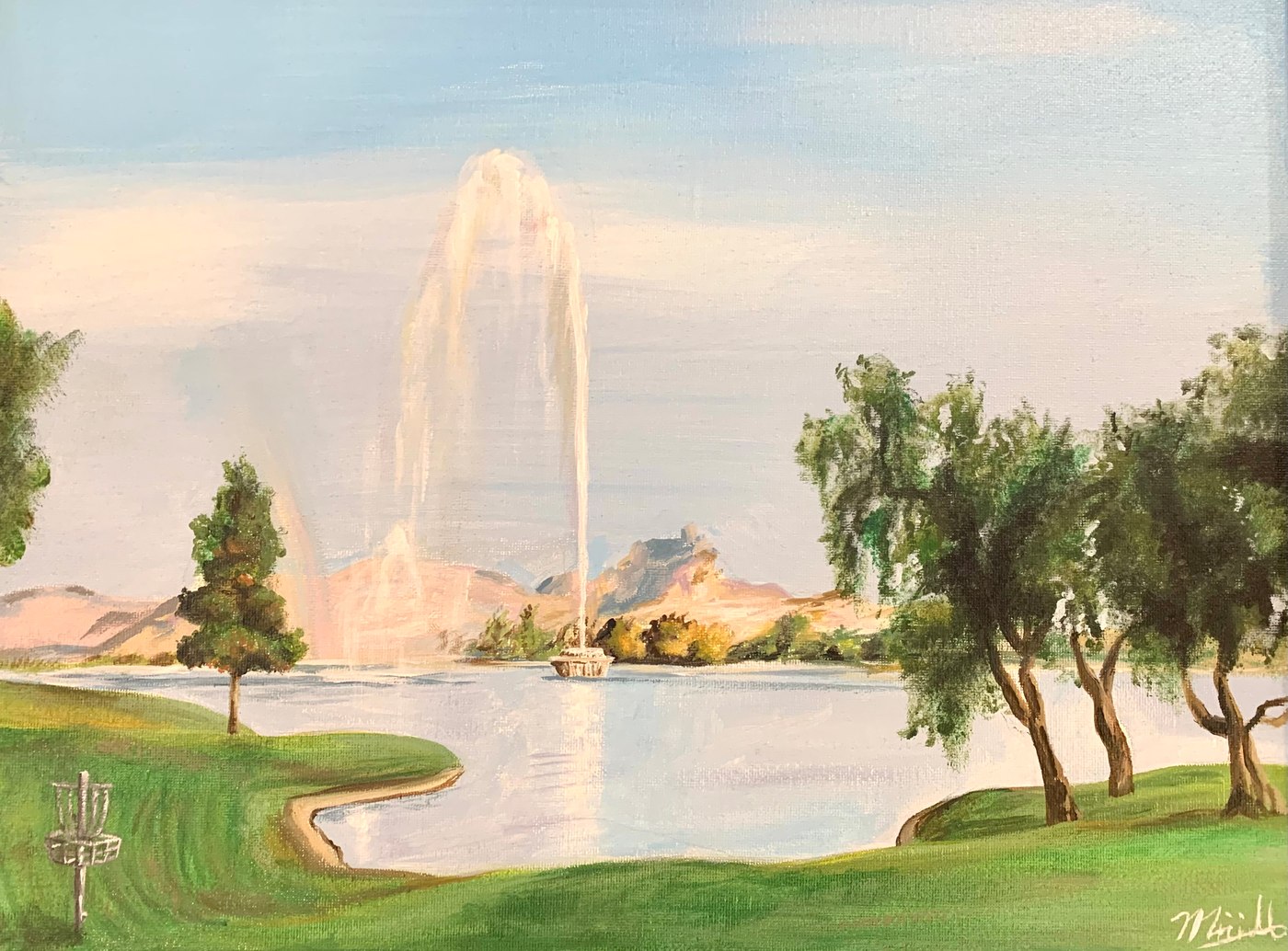 Lake fountain landscape painting at a disc golf course