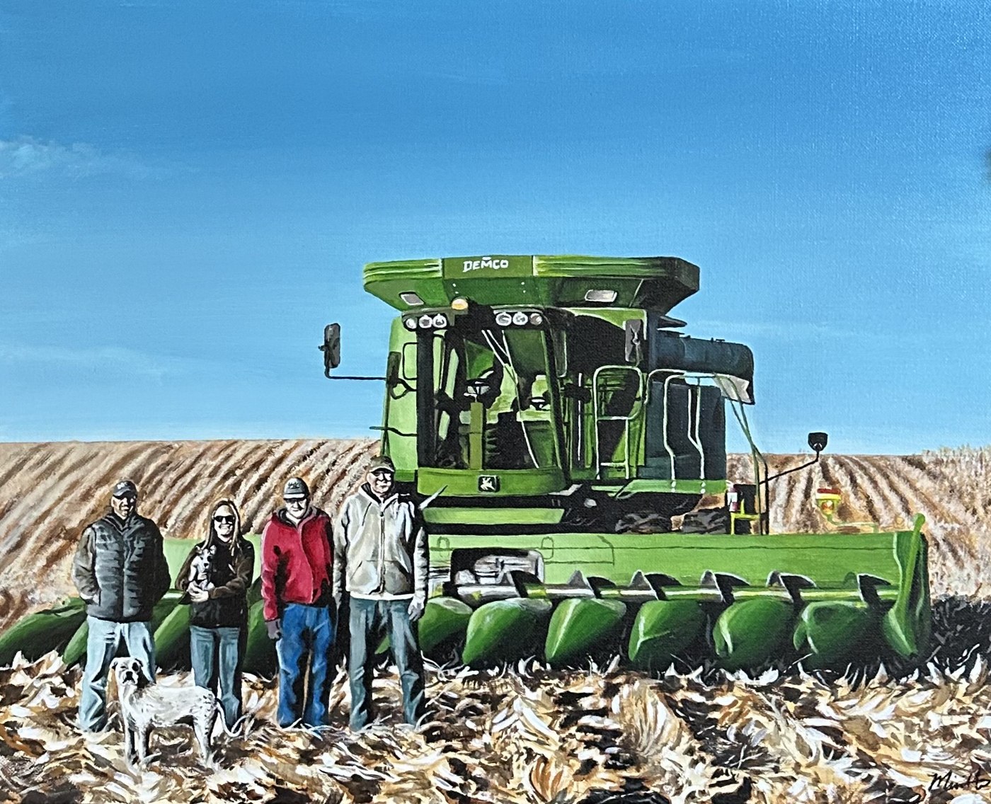 Family portrait in front of a combine harvester, Harvest Day
