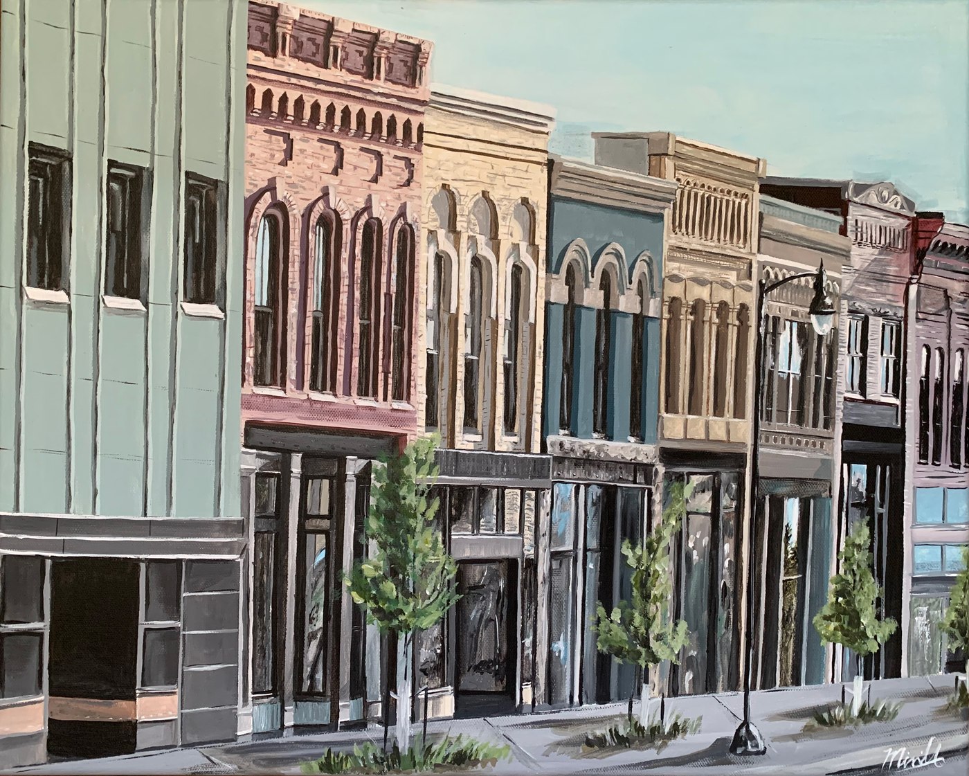 Row of historic downtown storefronts painting, Main Street