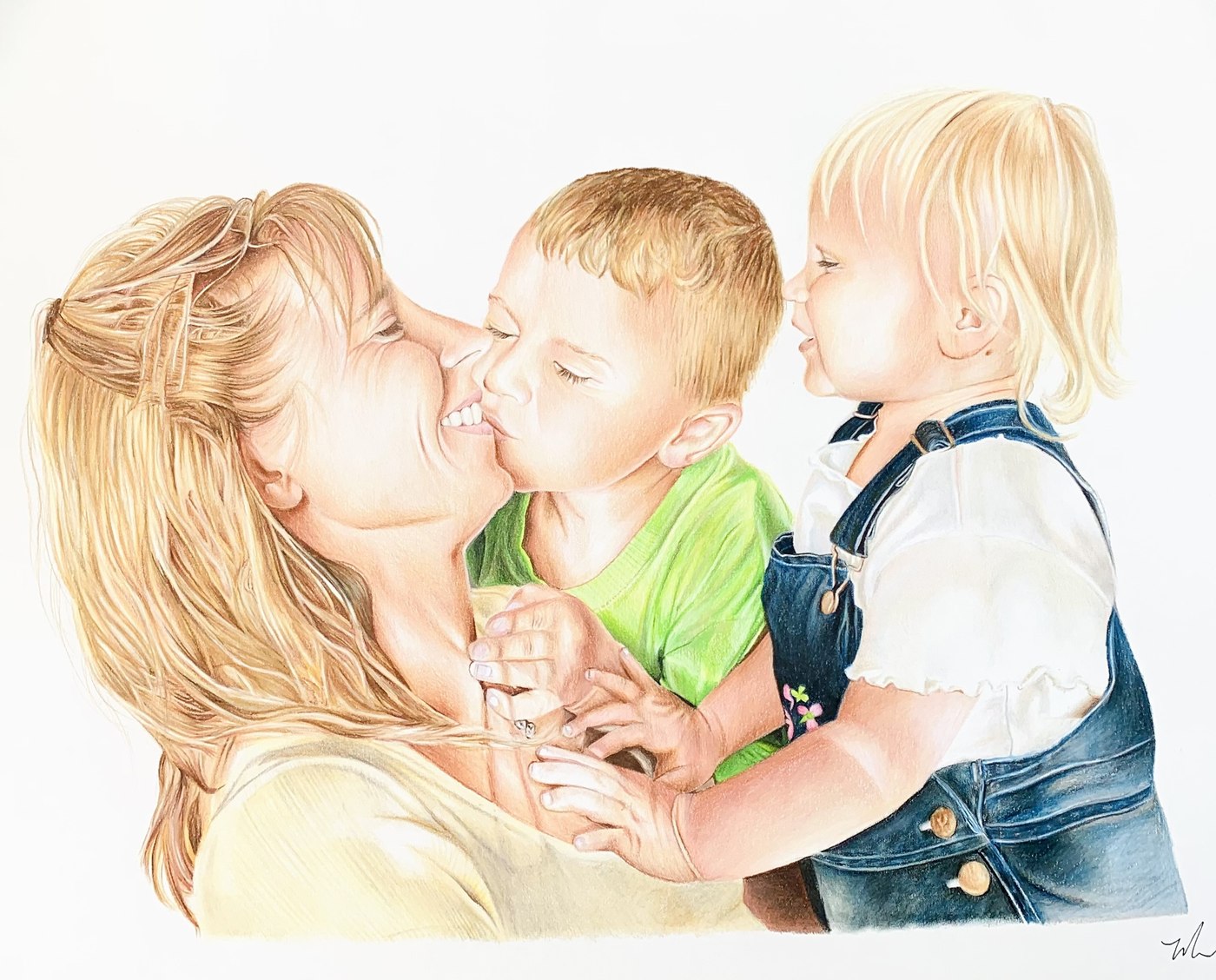 Colored pencil family portrait of a mother and two children