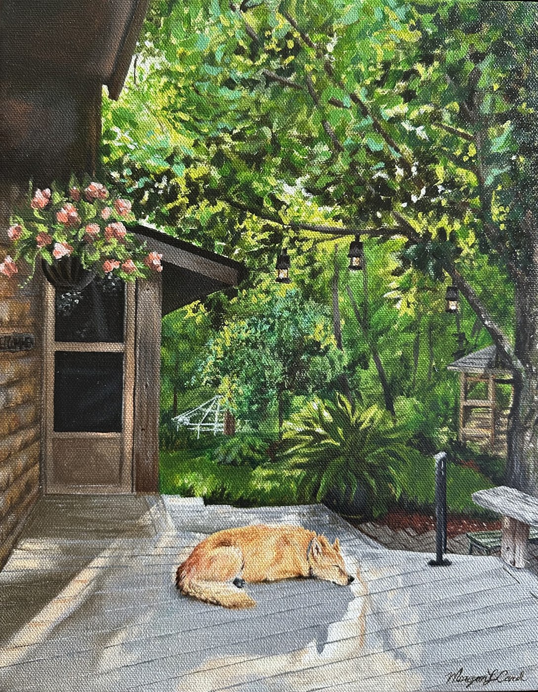 Dog napping on a cabin porch painting, Porch Nap