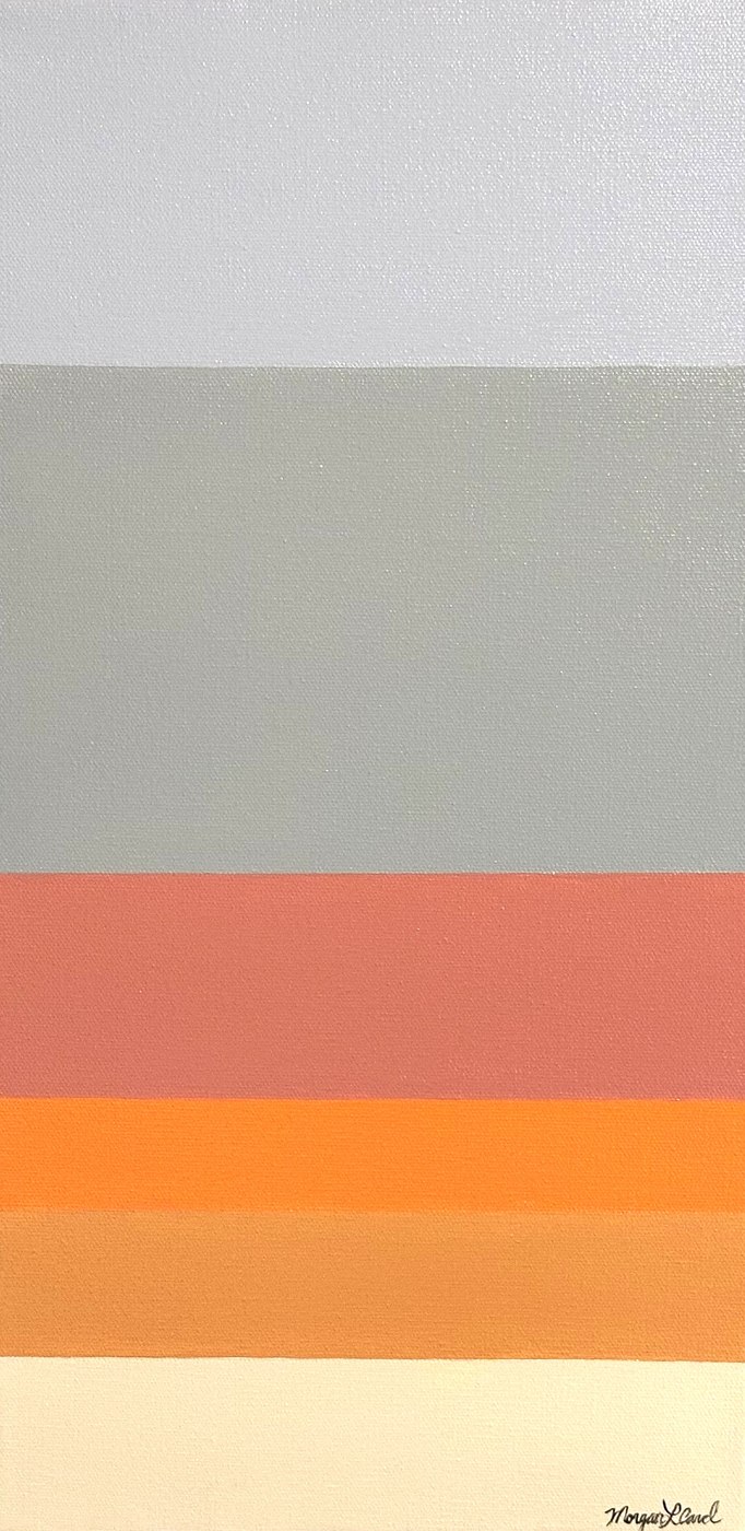 Rise — abstract painting in blended orange and blue-gray stripes
