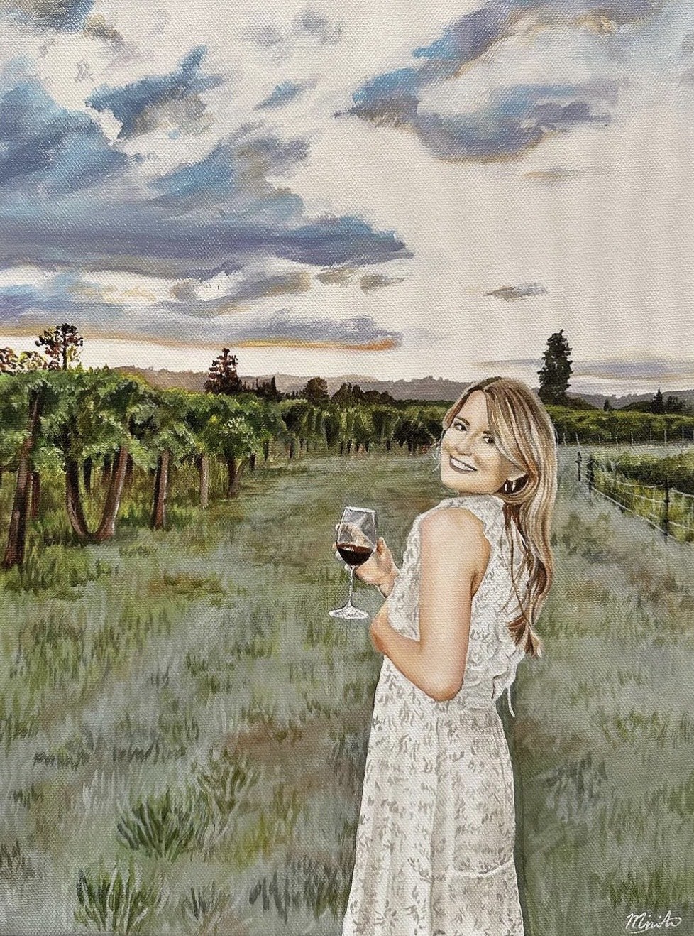 Woman with a glass of wine in a vineyard at sunset painting